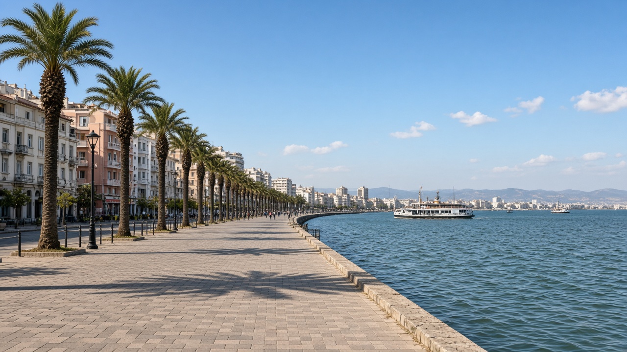 Alsancak Kordon’da palmiyeli sahil ve vapur