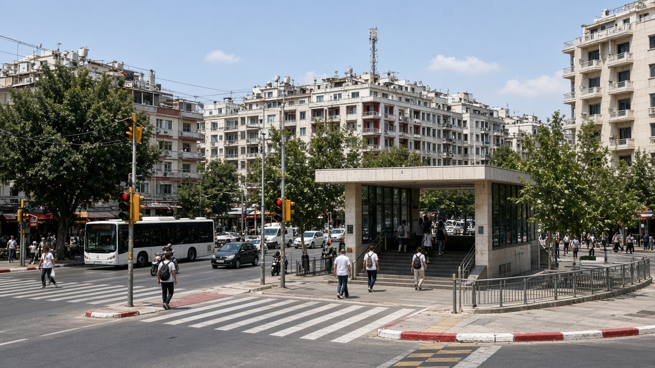 Üçyol kavşağında metro çıkışı ve yaya geçidi